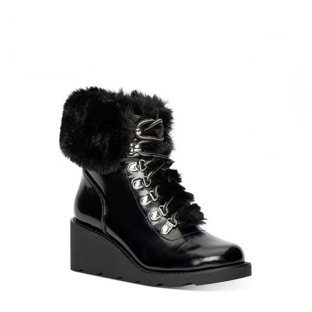 I.N.C International Concepts Black Faux Fur Lace-Up Wedge Boots By Macy's